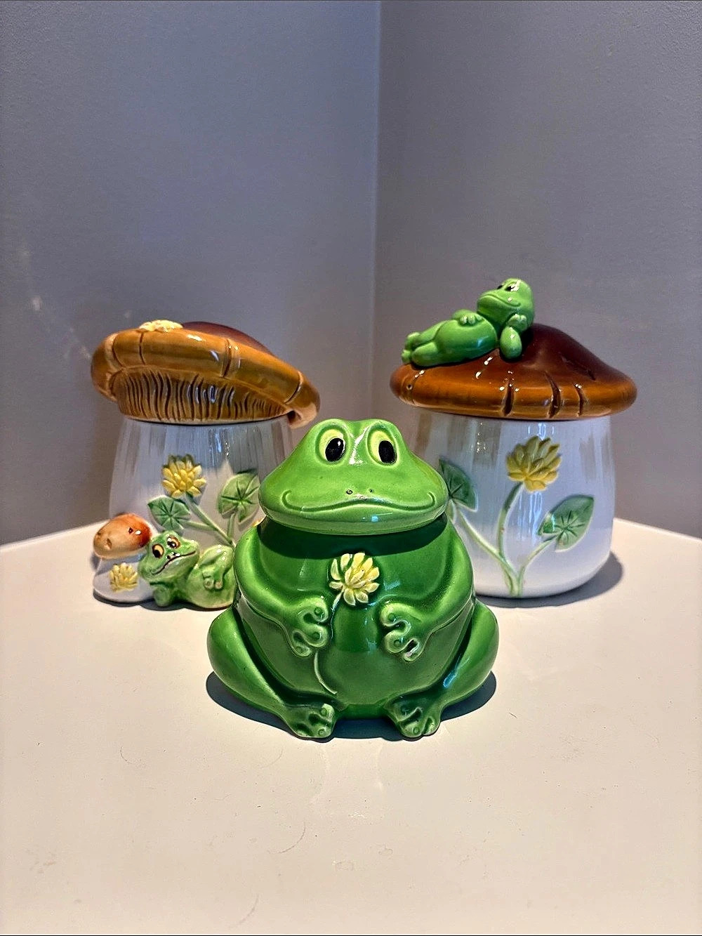 Frog Mushroom Decor Set in Green & Brown
